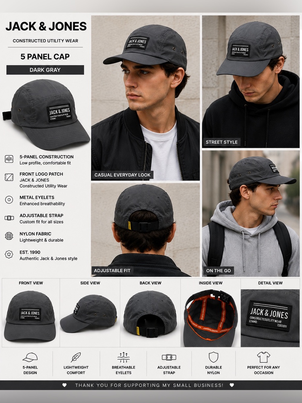 Jack & Jones Constructed Utility Wear 5 Panel Cap Black Adjustable Hat